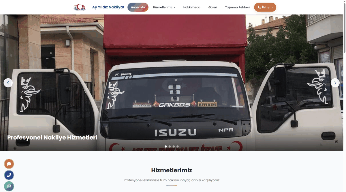 Ay Yıldız Nakliyat için hazırlanan site anasayfa görünümü