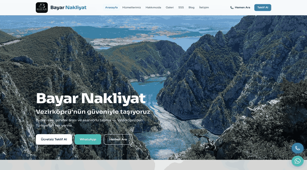 Bayar Nakliyat için hazırlanan site anasayfa görünümü