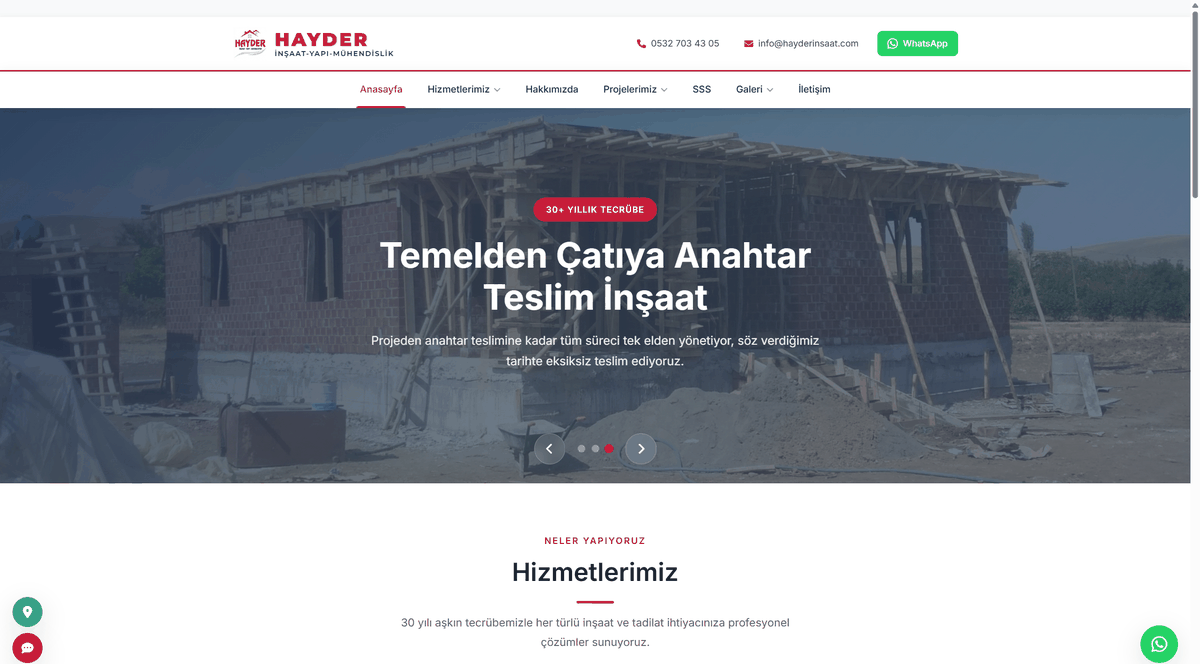 Hayder İnşaat için hazırlanan site anasayfa görünümü